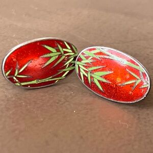 Vintage Orange Green Bamboo Design Enamel on Sterling Screw Back Earrings